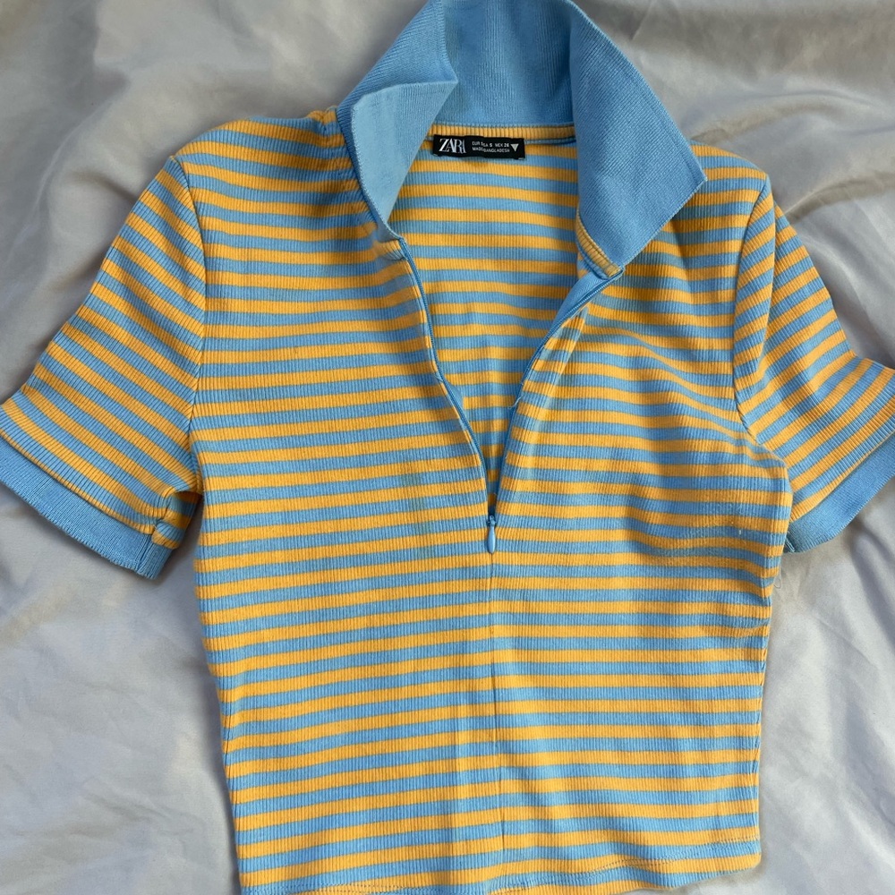 Zara Blue and Yellow Striped Polo Shirt